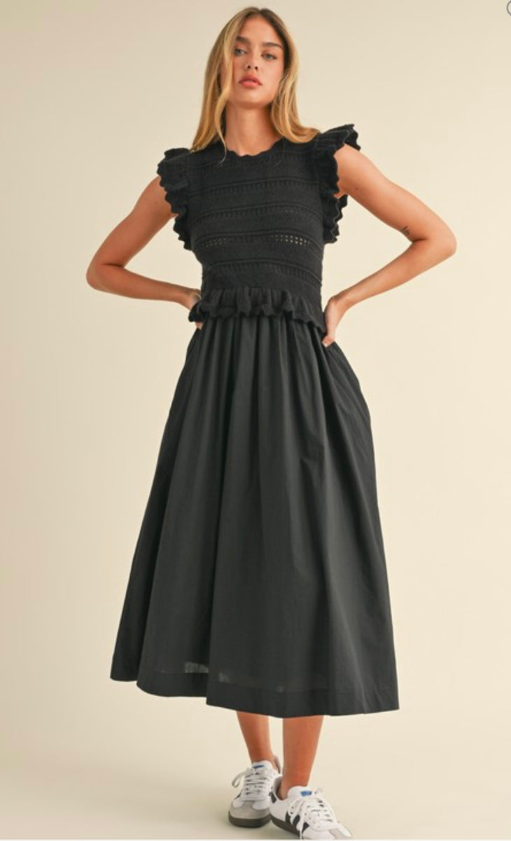 black dress with ruffled sleeves La Vida Sweetheart Neckline Puff Sleeve Dress Black main image 1