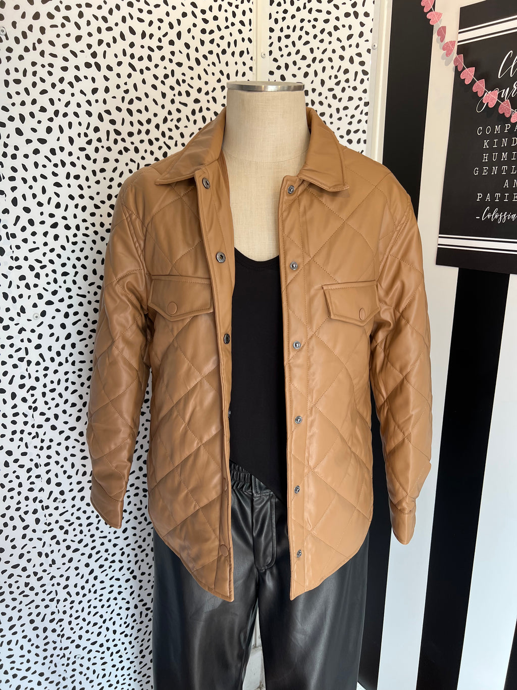 Camel Faux Leather Quilted Jacket