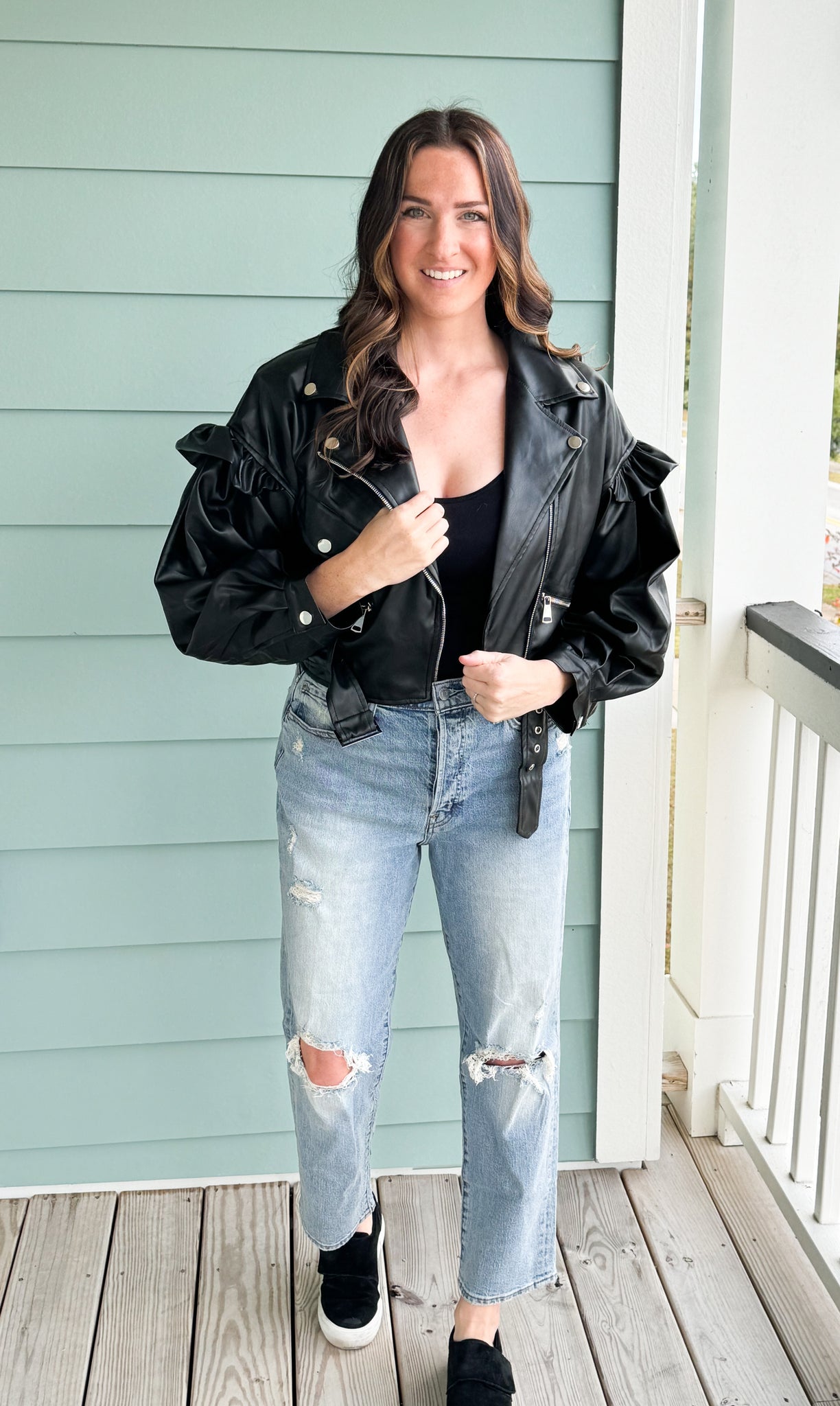 She’s Edgy Ruffle Sleeve Cropped Biker Jacket