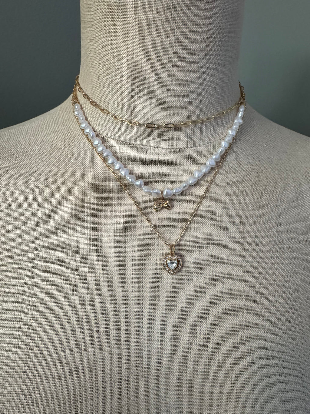 Pearl & Heart Triple Chain Necklace
