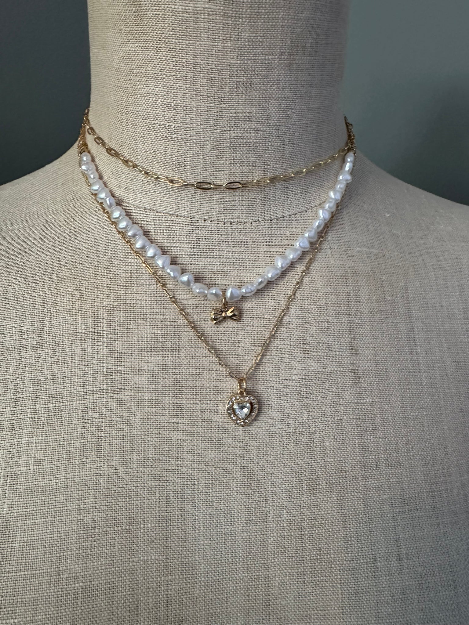Pearl & Heart Triple Chain Necklace