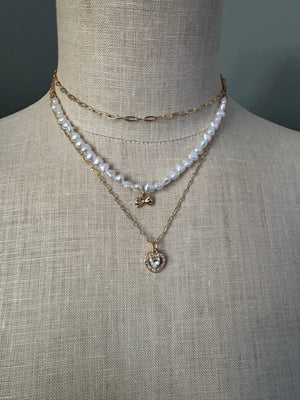 Pearl & Heart Triple Chain Necklace