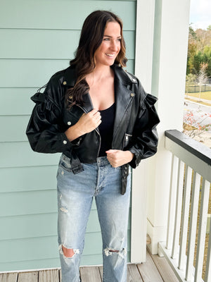 She’s Edgy Ruffle Sleeve Cropped Biker Jacket