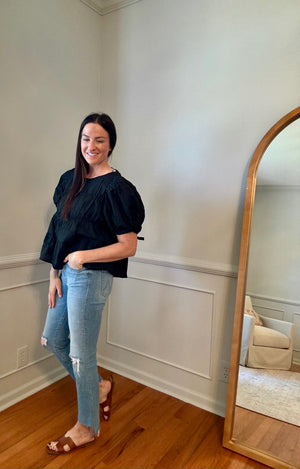 Black Pleated Short Sleeve Top