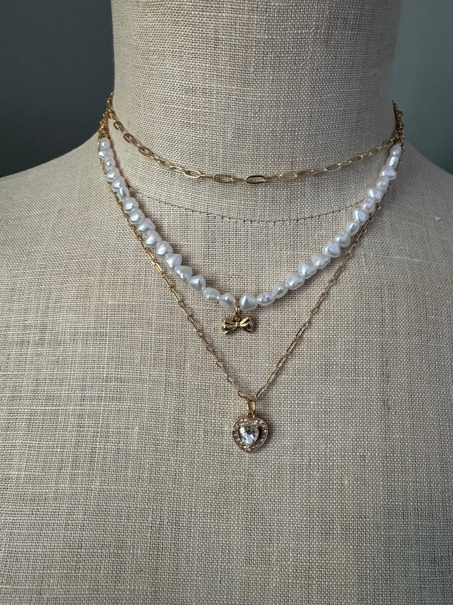 Pearl & Heart Triple Chain Necklace