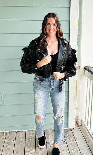 She’s Edgy Ruffle Sleeve Cropped Biker Jacket