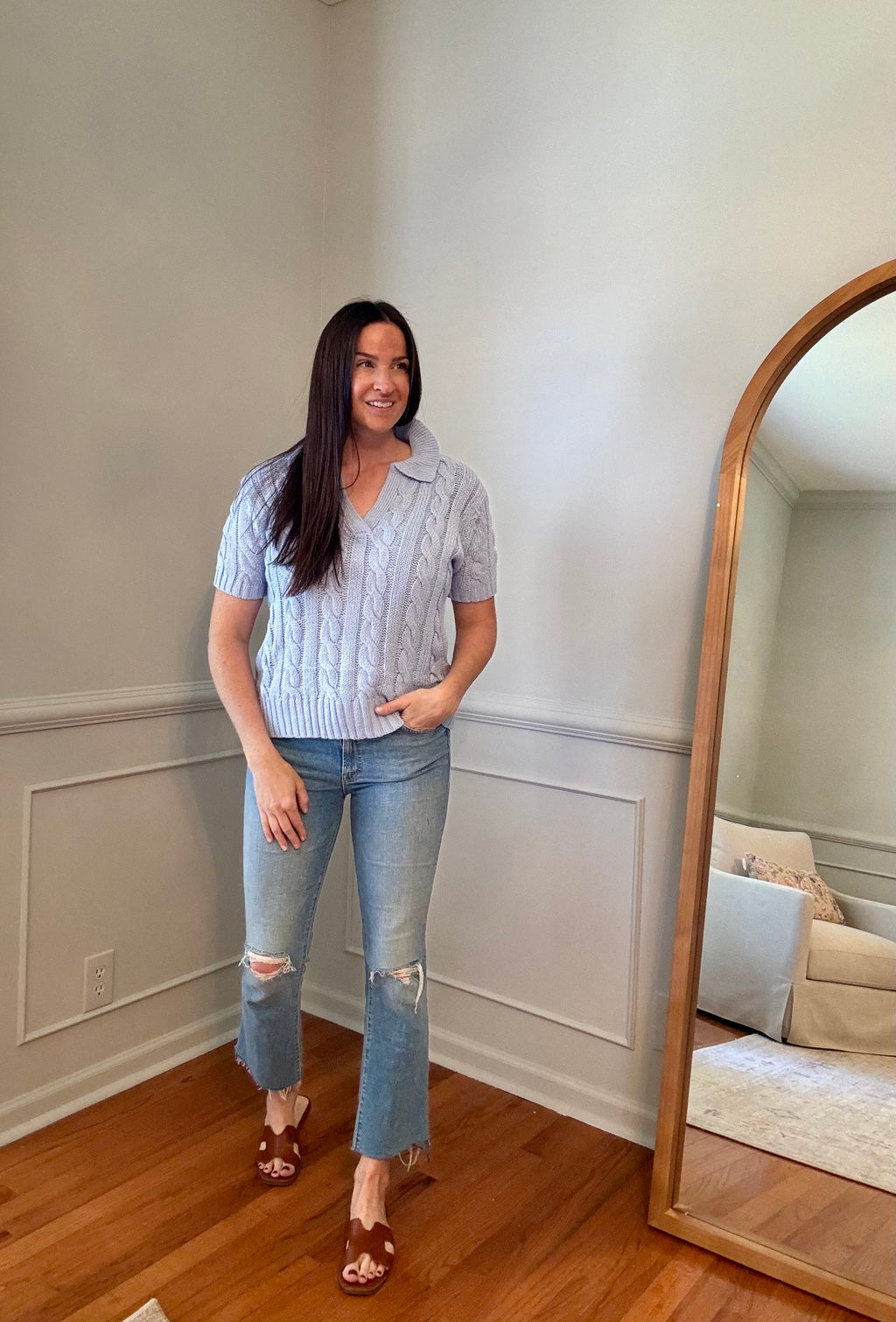 Periwinkle Cable Knit Short Sleeve Sweater