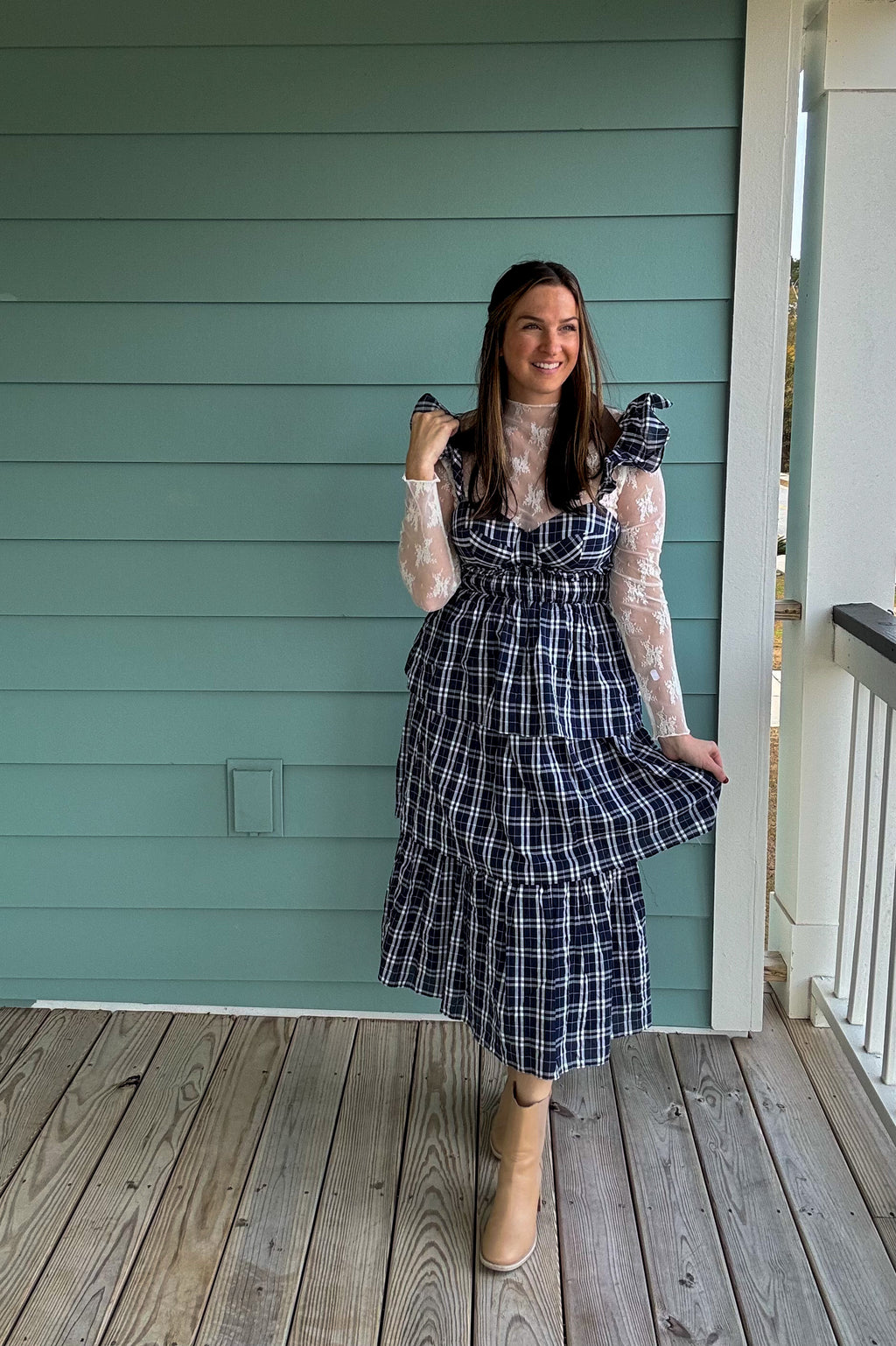 Navy Plaid Tiered Dress