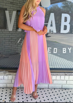 Lavender & Peach Pleated Maxi Dress
